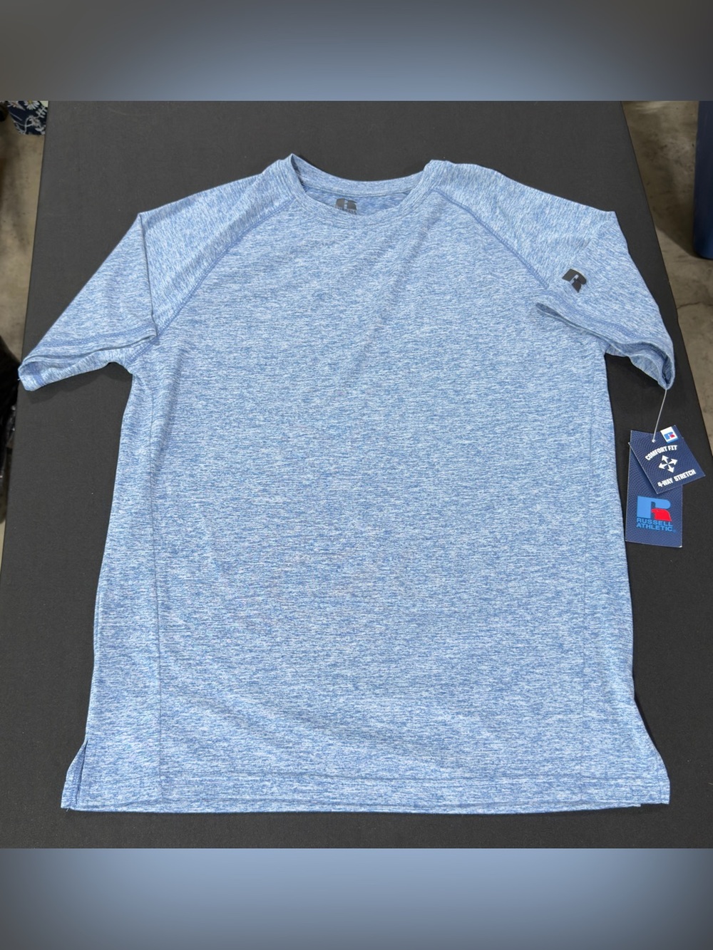 Russell Athletic Heathered Blue Crewneck Shirt 4-Way Stretch Performance Top MED
